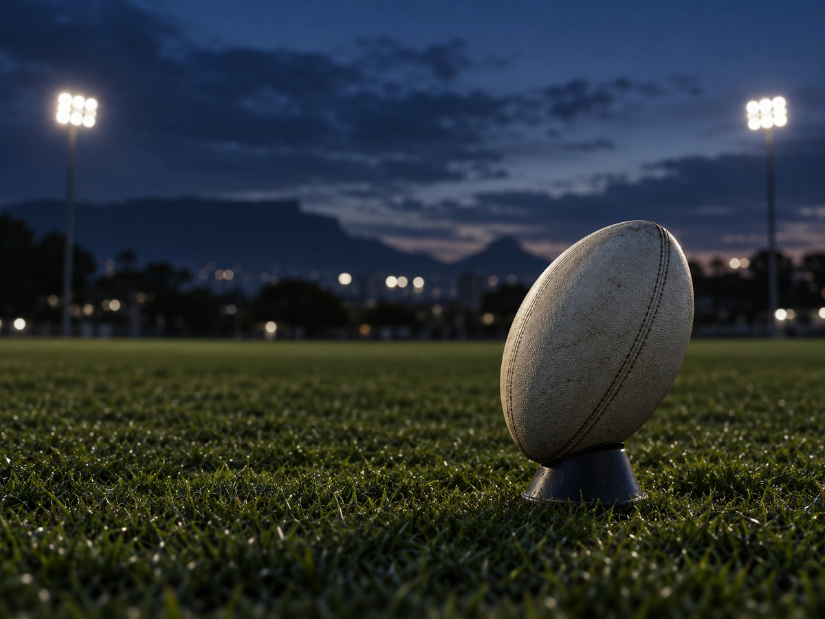 A rugby ball on a kicking tee on a floodlit field at dusk