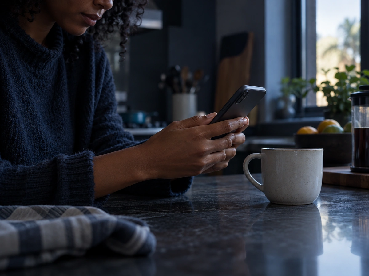 A person reading a phone at a kitchen counter, a mug beside them