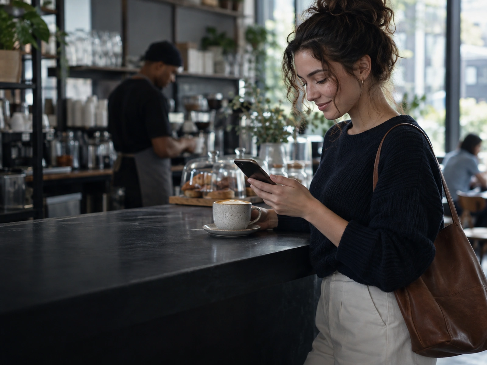 A woman at a café counter reading a message on her phone, a coffee beside her