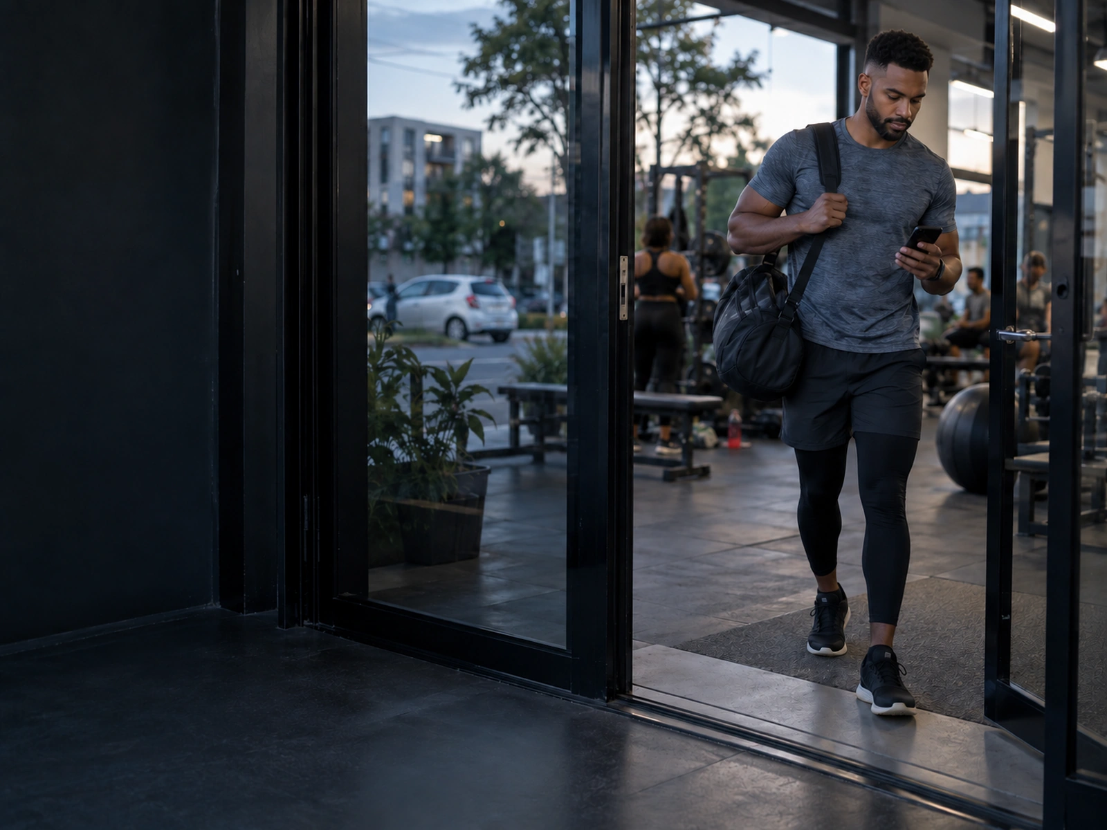A man glancing at his phone as he walks into a gym