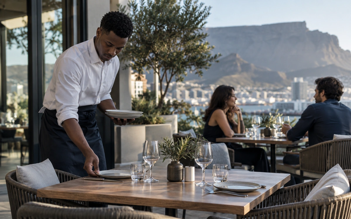 A waiter setting a table on a restaurant terrace