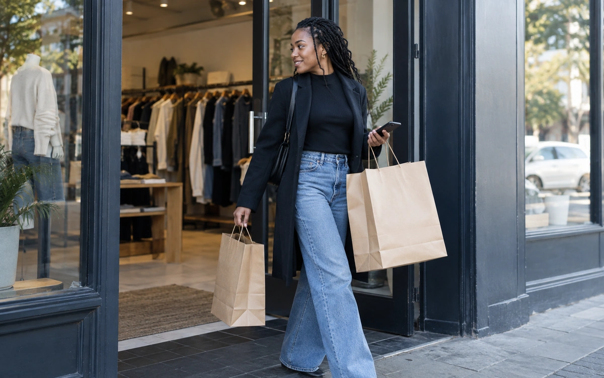 A shopper carrying bags out of a small clothing shop